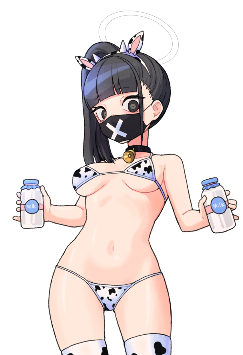 1girl absurdres animal_ears animal_print bell bikini black_eyes black_hair blue_archive blunt_bangs blush bottle breasts chuo8008 cow_ears cow_print fake_animal_ears halo highres long_hair looking_at_viewer mask mouth_mask navel neck_bell side_ponytail simple_background solo sukeban_(smg)_(blue_archive) swimsuit white_background