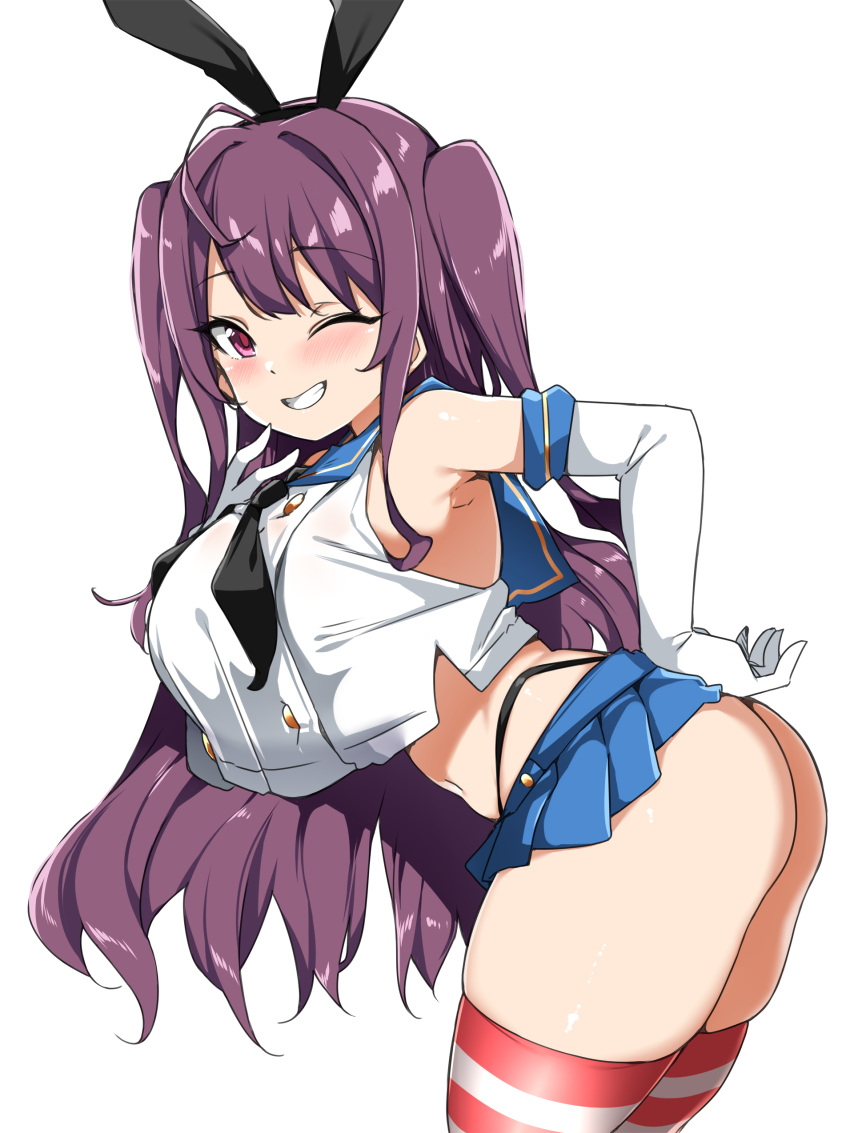 1girl absurdres ass bare_shoulders bebebe_(pepegakii) black_hairband black_neckerchief black_panties blue_sailor_collar blue_skirt blush breasts cosplay crop_top crop_top_overhang elbow_gloves gloves grin hairband hase_rinon highleg highleg_panties highres kantai_collection large_breasts long_hair looking_at_viewer microskirt navel neckerchief one_eye_closed panties purple_eyes purple_hair sailor_collar shimakaze_(kancolle) shimakaze_(kancolle)_(cosplay) shirt skirt sleeveless sleeveless_shirt smile solo striped striped_thighhighs tama_project thighhighs thighs thong two_side_up underwear white_gloves white_shirt