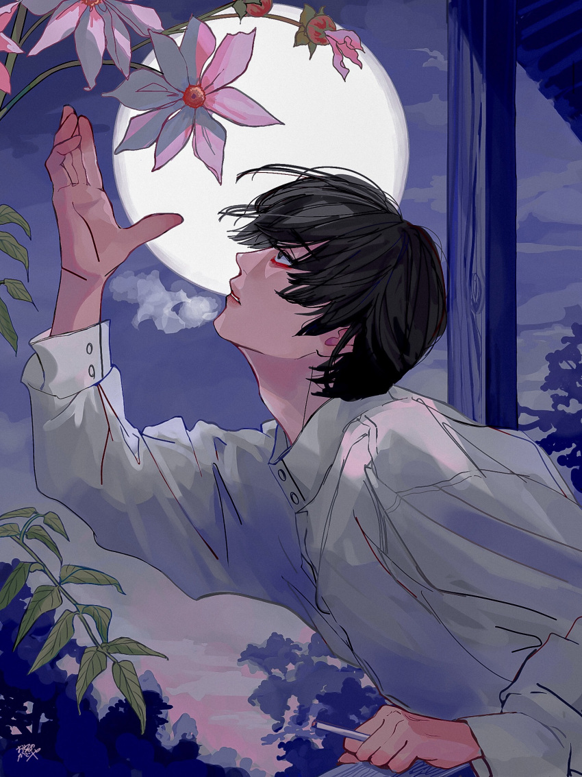 1boy arm_up black_eyes black_hair buttoned_cuffs buttons cigarette collared_shirt dahlia evening flower from_side full_moon highres holding holding_cigarette kagoya1219 leaf long_sleeves looking_up male_focus moon original parted_lips pink_flower profile shirt short_hair smoking solo twilight white_shirt