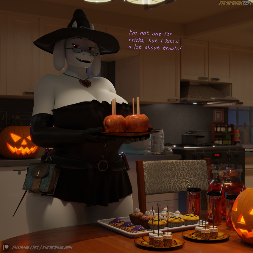 3d_(artwork) absurd_res anthro armwear artist_name better_version_at_source big_breasts boss_monster bovid breasts caprine cleavage clothed clothing digital_media_(artwork) elbow_gloves english_text eyewear female floppy_ears food fur glasses gloves halloween handwear hat headgear headwear hi_res holidays horn huge_breasts inside jack-o'-lantern jewelry long_ears looking_at_viewer mammal mature_anthro mature_female necklace night open_mouth panties patreon solo standing text thick_thighs toriel undertale undertale_(series) underwear url watermark white_body white_fur witch_hat yamimarik1994