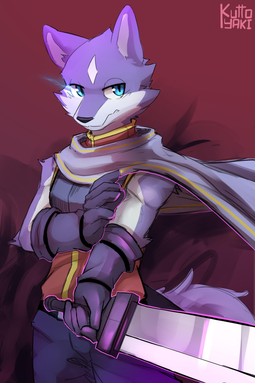 absurd_res anthro blue_eyes bottomwear canid cheek_tuft clothed clothing facial_tuft fur glistening glistening_eyes gloves handwear hi_res holding_object holding_sword holding_weapon kuttoyaki male mammal melee_weapon mouth_closed pants portrait purple_body purple_bottomwear purple_cape purple_clothing purple_fur purple_gloves purple_handwear purple_pants purple_tail purple_topwear red_clothing red_topwear signature simple_background solo standing sword tail three-quarter_portrait topwear tuft weapon white_body white_fur
