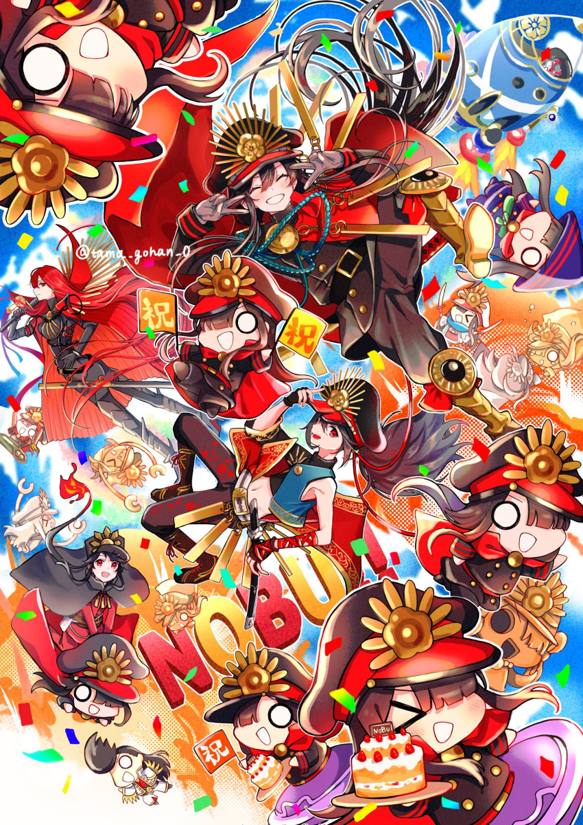 antique_firearm armored_boots arquebus asymmetrical_clothes belt black_bodysuit black_cape black_gloves bodysuit boots brother_and_sister cake cape chain cloak collared_cape family_crest fate/grand_order fate_(series) fiery_hair fingerless_gloves food gloves gun hair_between_eyes hair_over_one_eye hat headphones headphones_around_neck hi_(wshw5728) highres katana long_hair medallion military_hat mini_nobu_(fate) multiple_persona oda_kippoushi_(fate) oda_nobukatsu_(fate) oda_nobunaga_(fate) oda_nobunaga_(maou_avenger)_(fate) oda_uri otoko_no_ko peaked_cap popped_collar red_cape red_cloak red_eyes red_hair rocket siblings single_sleeve smile strawberry_cake sword tight_top twitter_username very_long_hair weapon