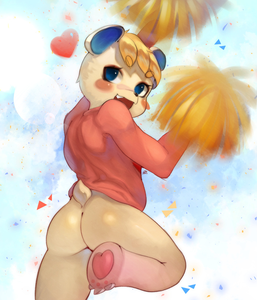 absurd_res animal_crossing anthro bear bottomless butt clothed clothing female hi_res mammal nintendo onimiere open_mouth open_smile pom_poms rear_view simple_background smile solo tutu_(animal_crossing)