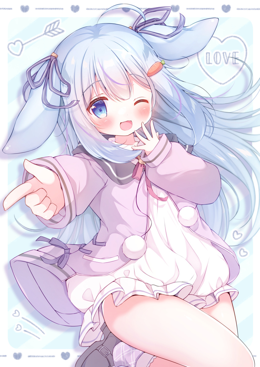 1girl animal_ears blue_background blue_eyes blue_hair boots carrot dress fake_animal_ears grey_footwear hanasakichu hand_up highres long_hair looking_at_viewer one_eye_closed pleated_dress poil_de_carrote pointing pointing_at_viewer short_dress solo thighs virtual_youtuber white_dress