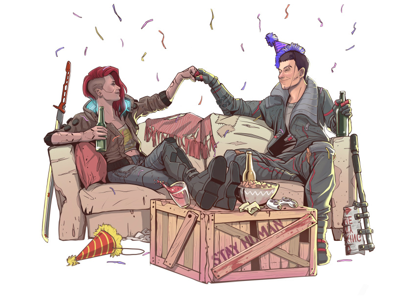 1boy 1girl black_hair boots bottle bowl brown_jacket confetti controller couch crate crossed_legs cup cyberpunk_(series) fist_bump game_controller grey_pants hat highres holding holding_bottle jacket official_art on_couch open_clothes open_jacket pants party_hat red_hair short_hair side_cut simple_background sword v_(cyberpunk) weapon white_background