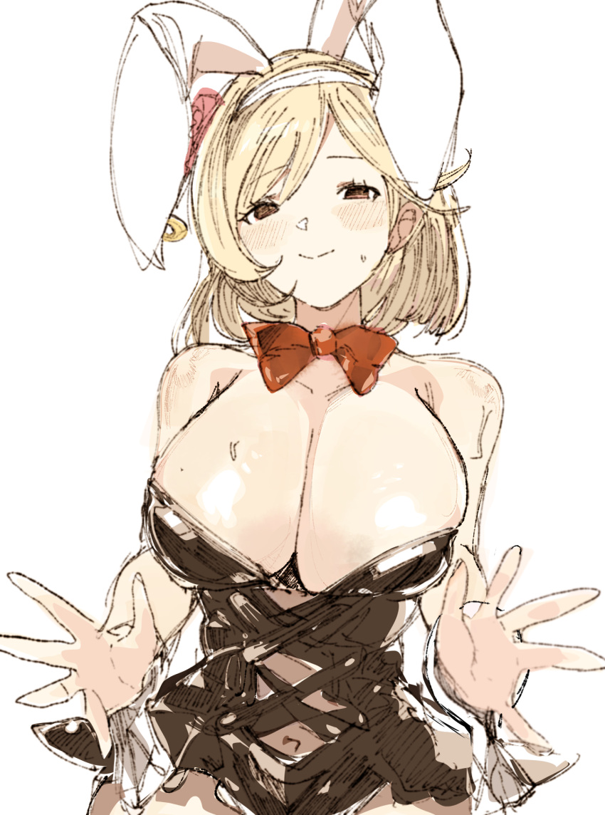 1girl alternate_breast_size animal_ears bare_shoulders black_dress black_skirt blonde_hair blush bow bowtie breasts brown_eyes cleavage covered_navel djeeta_(granblue_fantasy) dress fake_animal_ears gorirago granblue_fantasy highres large_breasts looking_at_viewer playboy_bunny rabbit_ears red_bow red_bowtie short_hair simple_background sketch skirt sleeveless smile solo strapless white_background wrist_cuffs
