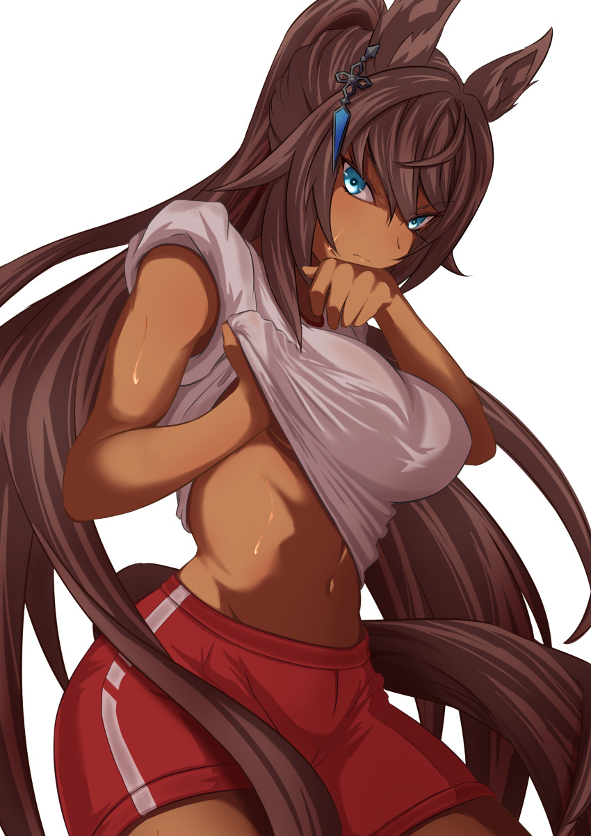 1girl abs absurdres animal_ears black_hair blue_eyes breasts clothes_lift commentary_request cowboy_shot dark-skinned_female dark_skin earrings eve_on_k highres horse_ears horse_girl horse_tail jewelry large_breasts lifted_by_self long_hair looking_at_viewer navel partial_commentary ponytail red_shorts shirt shirt_lift shorts simple_background single_earring sleeves_rolled_up solo sweat symboli_kris_s_(umamusume) tail umamusume very_long_hair white_background white_shirt