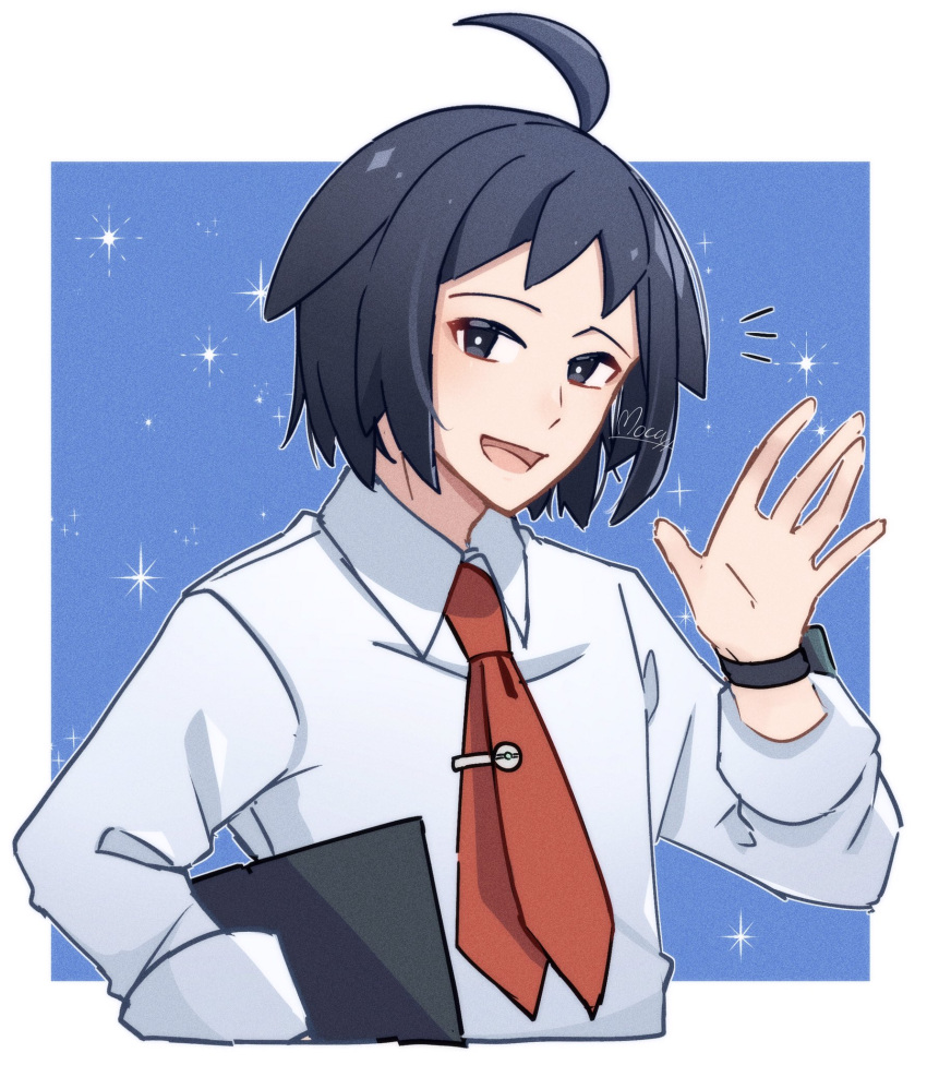 1boy :d ahoge black_hair cheren_(pokemon) collared_shirt commentary_request hand_up highres looking_at_viewer male_focus mocacoffee_1001 necktie notice_lines open_mouth pokemon pokemon_bw2 red_necktie shirt short_hair signature sleeves_rolled_up smile solo sparkle tie_clip tongue waving white_shirt