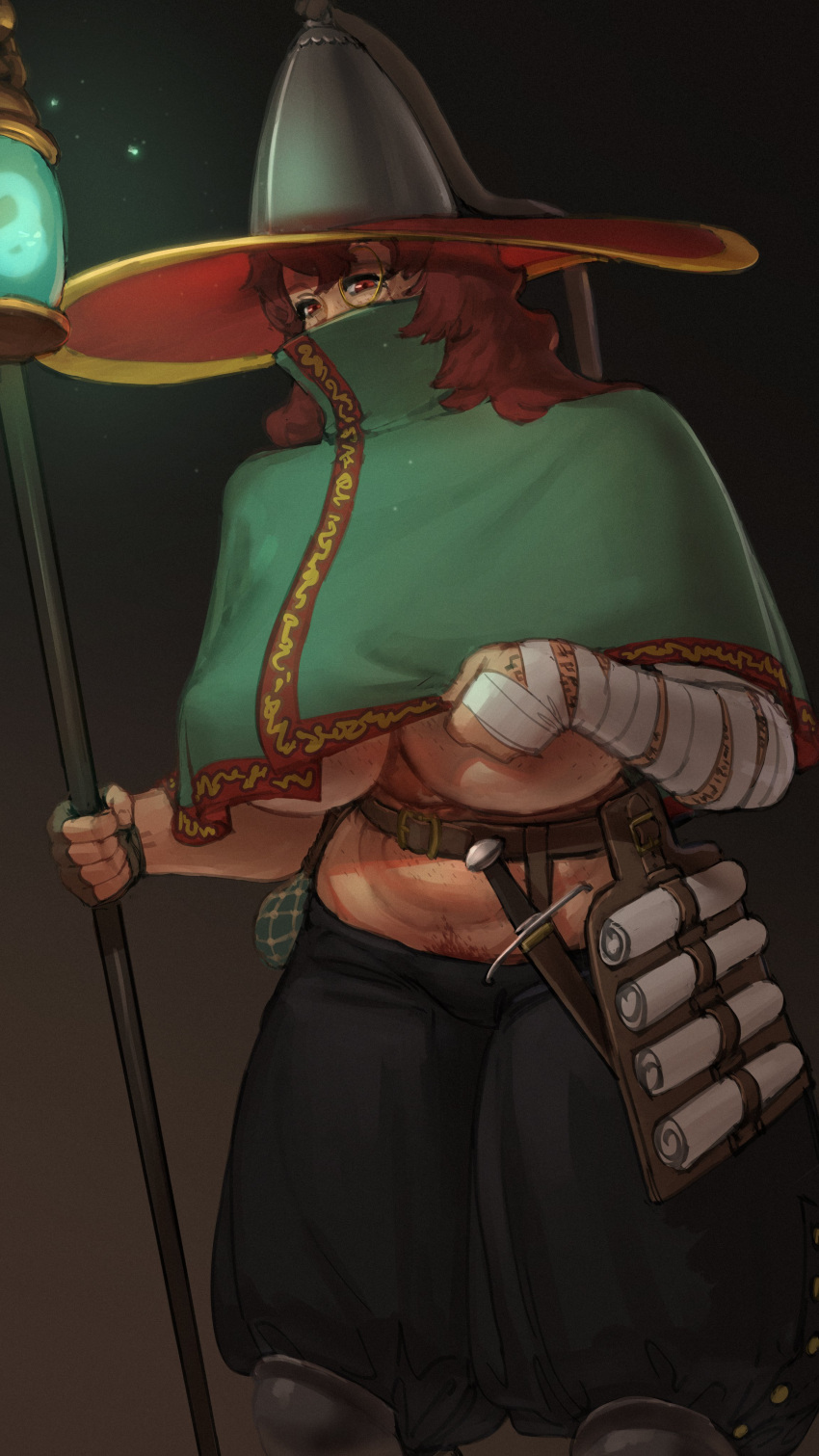 1girl absurdres breasts covered_face dagger freckles glasses green_shawl highres holding holding_lantern knee_pads knife knife_sheath lantern large_breasts large_hat long_hair looking_at_viewer original pubic_hair pubic_hair_peek red_eyes red_hair scroll sheath wass_nonnam weapon