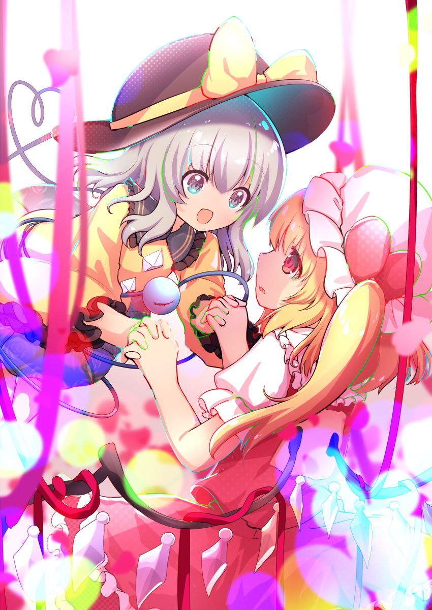 2girls absurdres black_headwear blonde_hair bow buttons diamond_button flandre_scarlet frilled_shirt_collar frills grey_hair hat hat_bow heart heart_of_string highres holding_hands mob_cap multiple_girls red_eyes rpameri shirt third_eye touhou wings yellow_shirt