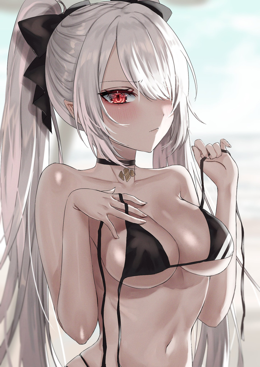 1girl bare_shoulders bikini black_bikini black_choker black_ribbon blue_archive blush bow breasts choker closed_mouth collarbone dark-skinned_female dark_skin grey_hair hair_bow hair_over_one_eye hair_ribbon highres iori_(blue_archive) iori_(swimsuit)_(blue_archive) long_hair looking_at_viewer medium_breasts navel pointy_ears red_eyes ribbon sidelocks solo stomach string_bikini swimsuit trtrpnk twintails untied_bikini untying upper_body very_long_hair