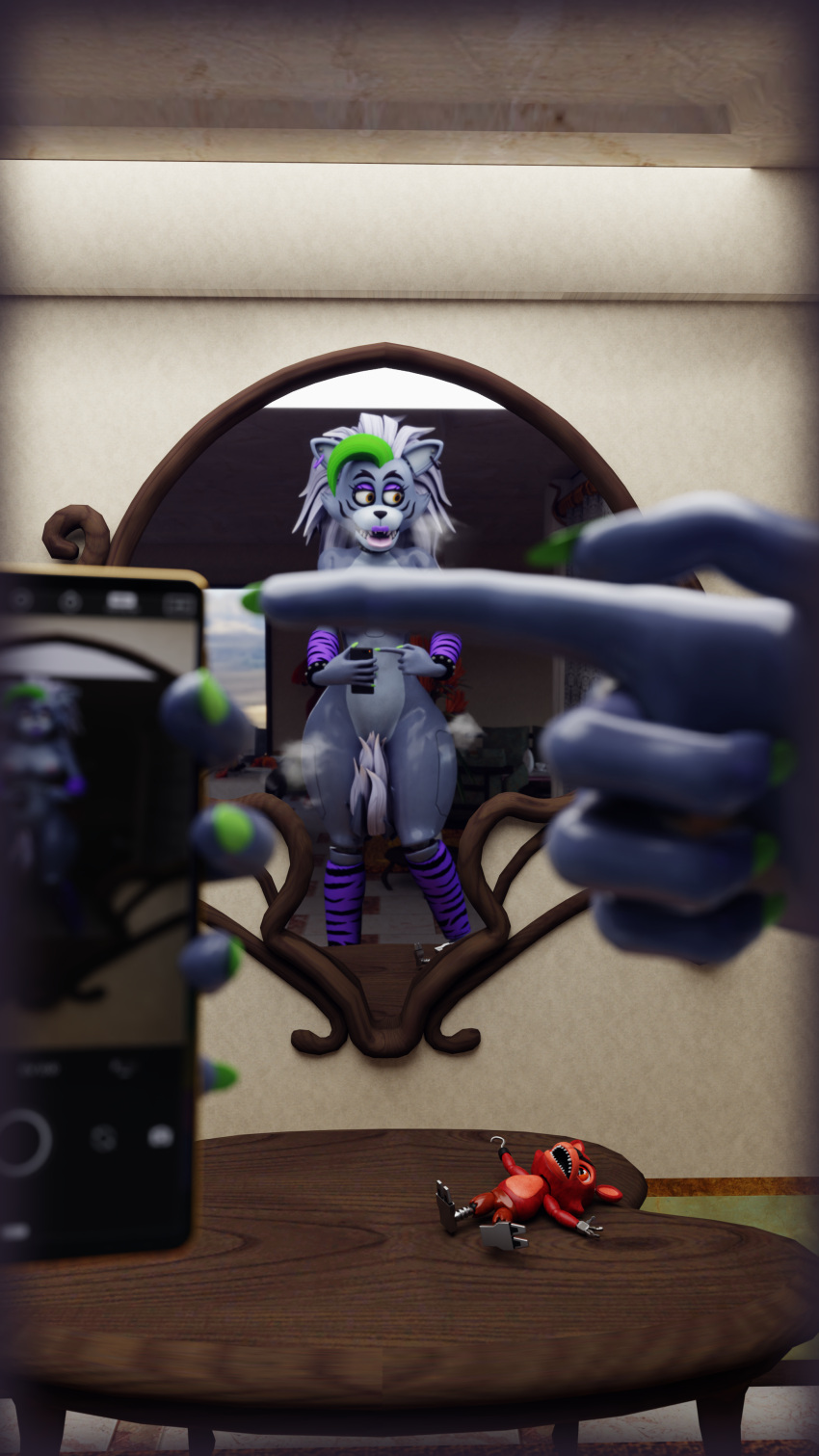 absurd_res anthro belt big_breasts blender_cycles breasts clothing female fingering five_nights_at_freddy's five_nights_at_freddy's:_security_breach hi_res huge_filesize meme mirror_selfie nipples nude one_finger_challenge open_mouth roxanne_wolf_(fnaf) scottgames selfie solo standing steel_wool_studios thicchips tongue tongue_out vaginal vaginal_fingering