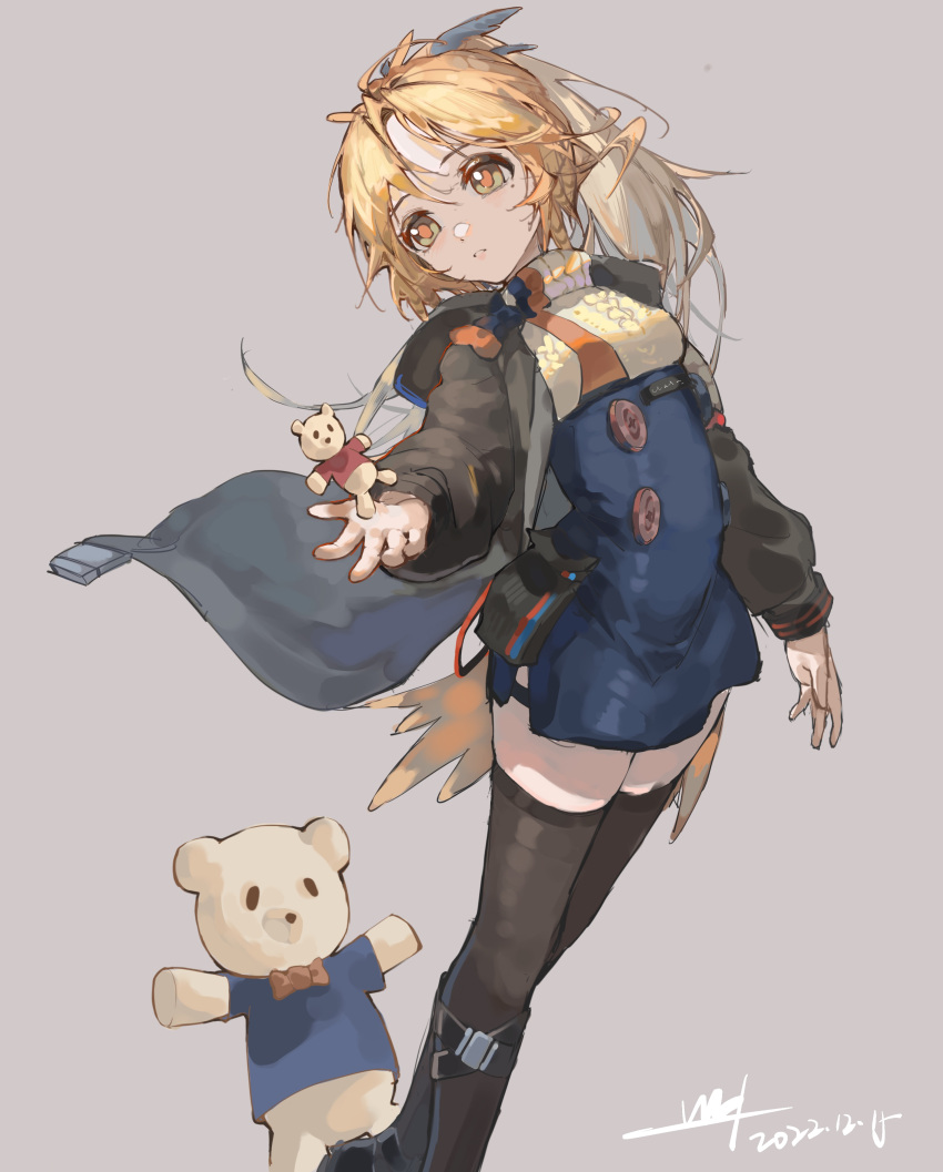 1girl 8873206812 absurdres arknights black_footwear black_jacket black_thighhighs blonde_hair blue_dress breasts brown_eyes dated dress grey_background head_tilt highres jacket long_hair long_sleeves medium_breasts open_clothes open_jacket parted_bangs pinecone_(arknights) ponytail puffy_long_sleeves puffy_sleeves shoes signature simple_background sleeves_past_wrists solo stuffed_animal stuffed_toy sweater teddy_bear thighhighs turtleneck turtleneck_sweater white_sweater