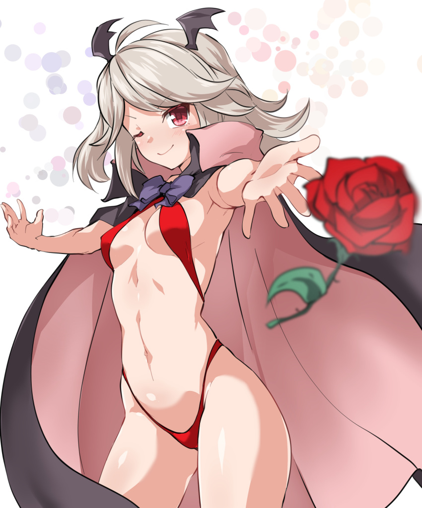 1girl ahoge bikini black_cape blush bow bowtie breasts brown_cape cape closed_mouth contrapposto cowboy_shot demon_wings flipped_hair flower grey_hair head_wings highres huyusilver looking_at_viewer medium_bangs medium_breasts medium_hair navel one_eye_closed original purple_bow purple_bowtie reaching reaching_towards_viewer red_bikini red_eyes red_flower red_rose rose shiny_skin smile solo swept_bangs swimsuit throwing two-sided_cape two-sided_fabric white_background wings