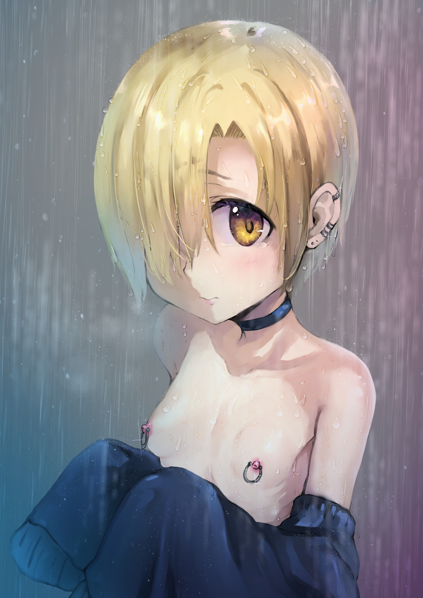 1girl absurdres bare_shoulders black_choker black_sweater blonde_hair blush breasts choker clothes_down collarbone ear_piercing earrings frown grey_background hair_over_one_eye highres idolmaster idolmaster_cinderella_girls jewelry looking_at_viewer nipple_piercing nipples panbai piercing rain shirasaka_koume short_hair small_breasts solo stud_earrings sweater tearing_up upper_body wet wet_clothes wet_hair yellow_eyes