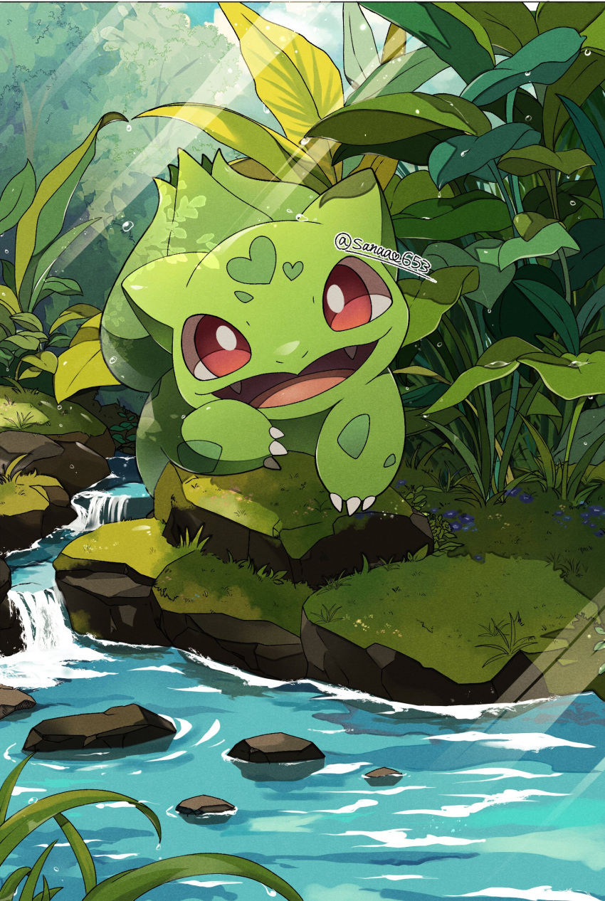 artist_name bulbasaur day grass highres light_rays looking_at_viewer no_humans open_mouth outdoors plant pokemon pokemon_(creature) rock sana_(sanaa653) solo stream sunbeam sunlight water watermark