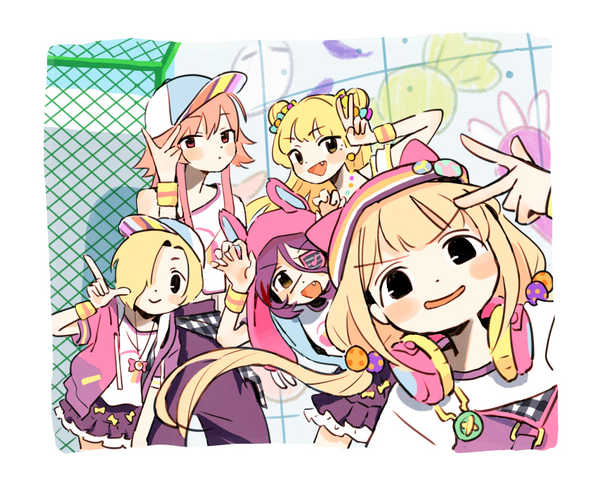 5girls absurdres animal_ear_headwear animal_hood arm_up baseball_cap beads black_eyes blonde_hair blush_stickers border brown_eyes brown_hair chain-link_fence claw_pose closed_mouth commentary dot_mouth double_bun english_commentary eyepatch fang fence floating_hair frilled_skirt frills futaba_anzu gesture_request graffiti group_picture hair_beads hair_between_eyes hair_bobbles hair_bun hair_ornament hair_over_one_eye hand_up hat hayasaka_mirei headphones headphones_around_neck highres hood hood_down hoodie idolmaster idolmaster_cinderella_girls idolmaster_cinderella_girls_starlight_stage iwashi_iwashimo jougasaki_rika layered_skirt leaning_forward leaning_to_the_side little_riddle long_hair multicolored_hair multiple_girls ninomiya_asuka off_shoulder one_eye_covered open_clothes open_hoodie open_mouth outdoors overalls pants pink_hair print_shirt purple_hair purple_pants purple_skirt red_eyes shirasaka_koume shirt short_hair short_sleeves sidelocks skirt smile smirk spaghetti_strap streaked_hair sweatband v v-shaped_eyebrows w white_border white_shirt white_skirt wrapped_candy