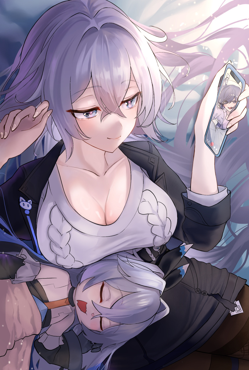 absurdres black_jacket black_skirt breasts bronya_zaychik bronya_zaychik_(silverwing:_n-ex) cellphone cleavage closed_mouth crossed_bangs grey_eyes grey_hair hair_between_eyes highres honkai_(series) honkai_impact_3rd jacket large_breasts long_hair nagonako office_lady official_alternate_costume phone skirt smartphone smile