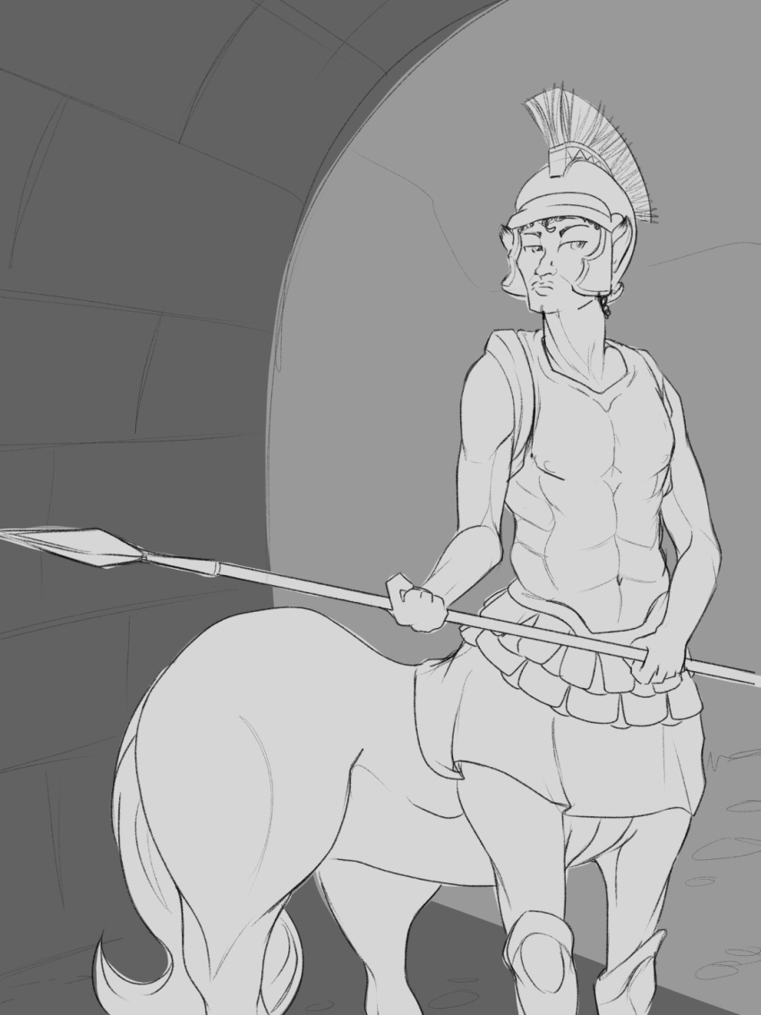 armor bottomless centaur clothed clothing equid equid_taur greyscale headgear helmet hi_res humanoid_taur male mammal mammal_taur melee_weapon monochrome navel_outline paoguu polearm solo spear taur weapon