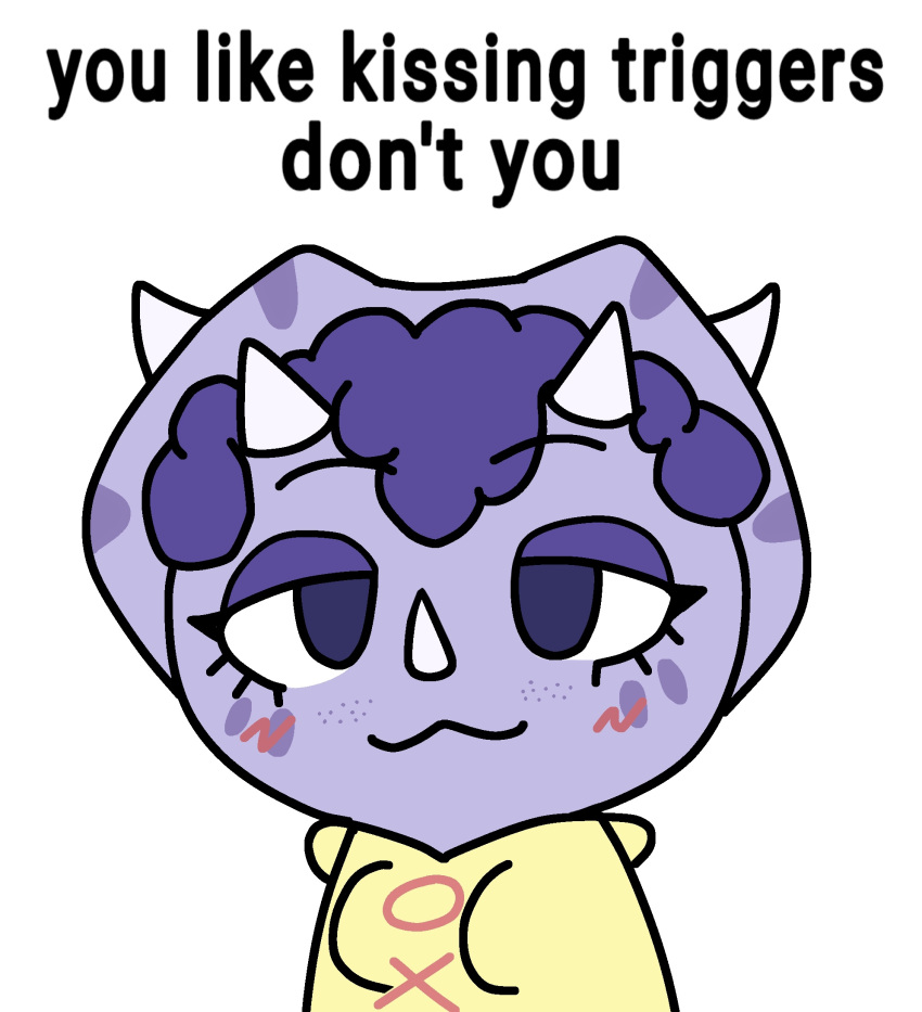 anthro blush boy_kisser_(meme) ceratopsian clothed clothing dinosaur english_text facial_horn female freckles goodbye_volcano_high groundbreaking hair half-closed_eyes hi_res hoodie horn humor looking_at_viewer makeup meme narrowed_eyes ornithischian purple_body purple_eyes purple_hair reptile scalie simple_background snoot_game_(fan_game) solo text topwear triceratops trish_(gvh) unknown_artist white_background