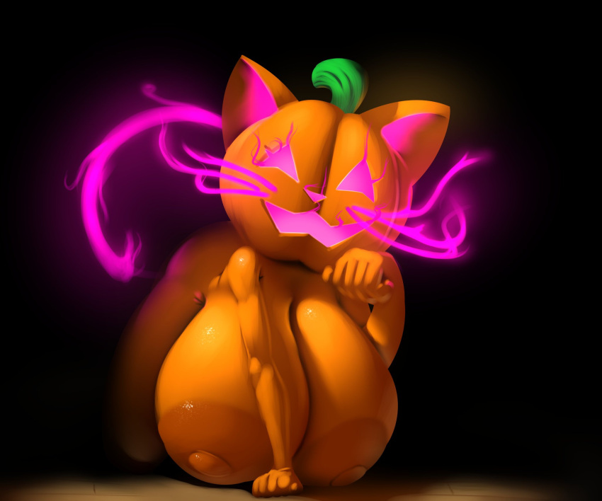 anthro big_breasts breasts dibujosv12 domestic_cat felid feline felis female hi_res jack-o'-lantern mammal pumpkin_head purple_glow raised_tail solo tail thick_thighs