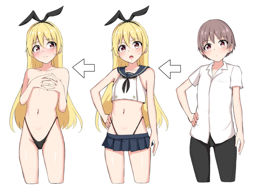 1boy arrow_(symbol) baretto_(karasi07) black_hairband black_neckerchief black_panties black_pants blonde_hair blue_sailor_collar blue_skirt brown_eyes brown_hair collared_shirt cosplay crop_top crossdressing hairband highleg highleg_panties highres kantai_collection long_hair male_focus microskirt navel neckerchief original panties pants pleated_skirt sailor_collar shimakaze-kun shimakaze_(kancolle) shimakaze_(kancolle)_(cosplay) shirt short_hair short_sleeves skirt striped thong underwear white_shirt