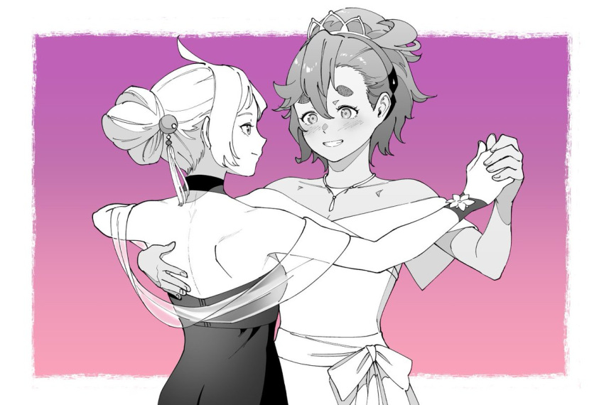 2girls bare_shoulders blush border breasts chinese_commentary choker closed_mouth collarbone commentary_request dancing dress flower greyscale_with_colored_background gundam gundam_suisei_no_majo hair_between_eyes hair_ornament hair_up hairband hand_on_another's_back holding_hands jewelry looking_at_another miorine_rembran multiple_girls necklace official_alternate_costume open_mouth sash short_hair sleeveless sleeveless_dress small_breasts smile strapless strapless_dress suletta_mercury sun_4x3 thick_eyebrows tiara updo white_border wrist_cuffs yuri
