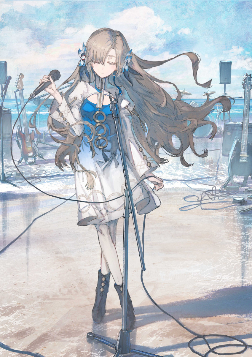 1girl absurdres amplifier black_footwear blue_dress blue_flower blue_hair boots cable closed_eyes cloud crossed_legs dress drum drum_set effects_pedal electric_guitar expressionless floating_hair flower full_body grey_hair guitar hair_flower hair_ornament hair_over_one_eye highres holding holding_microphone horizon instrument isekai_joucho kamitsubaki_studio light_blush long_hair long_sleeves microphone microphone_stand multicolored_hair outdoors pantyhose shore sky solo tokiki_(tomok1) two-tone_dress two-tone_hair virtual_youtuber water watson_cross white_dress white_pantyhose