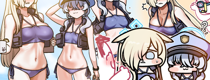 1boy 2girls :3 ? ^^^ animal_ears arms_up arona's_sensei_doodle_(blue_archive) art_shift bikini blonde_hair blood blue_archive blue_bikini blue_eyes blue_hair blush breasts chibi cleavage clipboard collarbone commentary covering covering_breasts cup ears_down extra faceless faceless_female hair_over_one_eye halo hat holding holding_clipboard holding_cup jazz_jack kanna_(blue_archive) light_blue_hair long_hair medium_hair multiple_girls navel nosebleed paw_print paw_print_pattern peaked_cap police_hat ribs sensei_(blue_archive) sharp_teeth side-tie_bikini_bottom sidelocks snorkel sweatdrop swimsuit tactical_clothes teeth thumbs_up valkyrie_police_academy_student_(blue_archive) vest