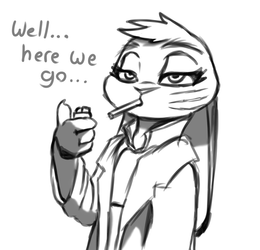 anthro dialogue disney ears_down female hair judy_hopps lagomorph leporid lighter line_art mammal pivoted_ears rabbit scar simple_background smoking solo spoof_(artist) white_background zistopia zootopia