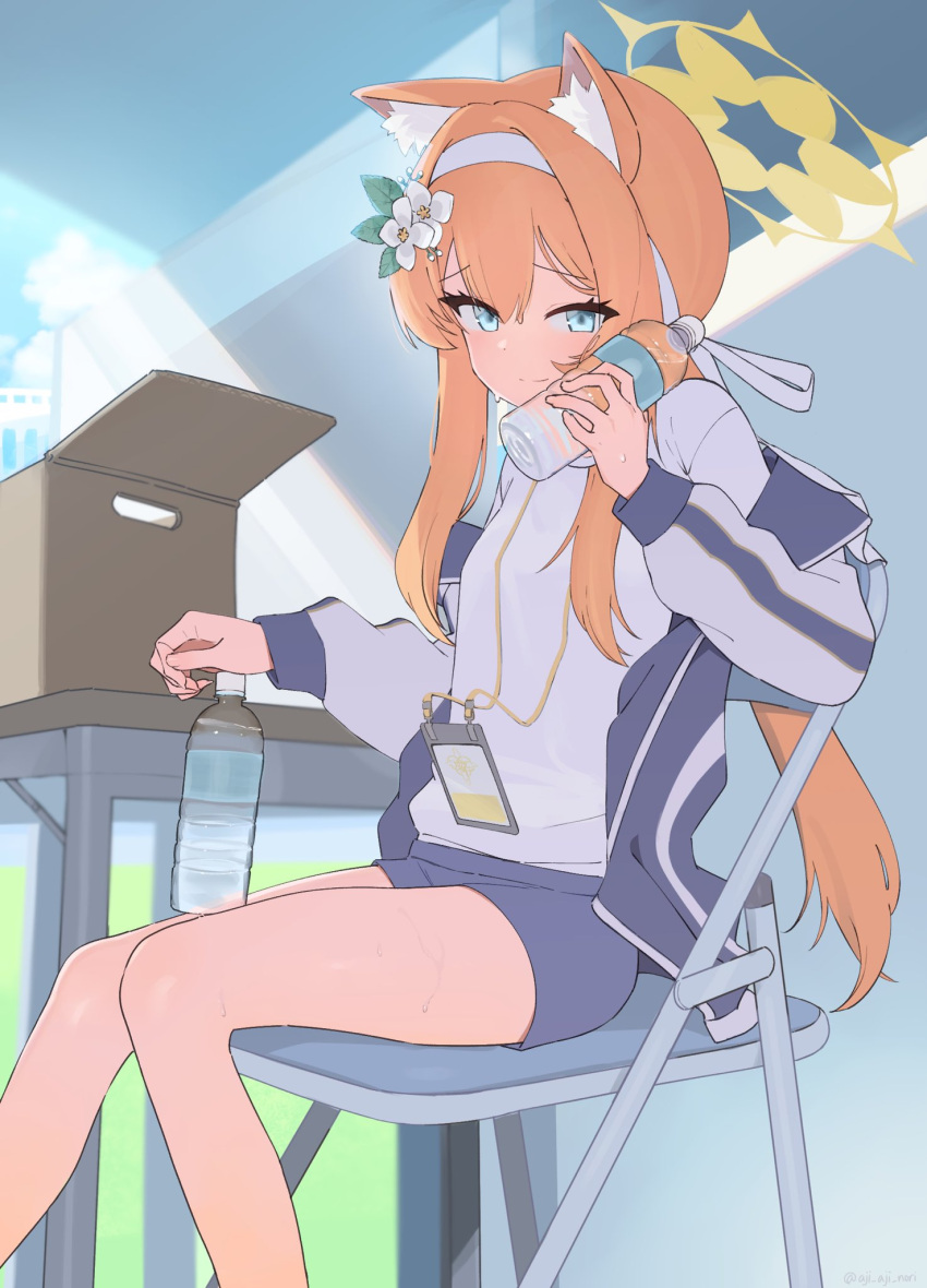 1girl aji_aji_nori animal_ears blue_archive blue_eyes bottle chair closed_mouth flower hair_between_eyes hair_flower hair_ornament hair_ribbon hairband halo highres holding holding_bottle jacket long_hair long_sleeves mari_(blue_archive) mari_(track)_(blue_archive) open_clothes open_jacket orange_hair ribbon sitting solo track_jacket water_bottle white_flower white_hairband white_ribbon yellow_halo