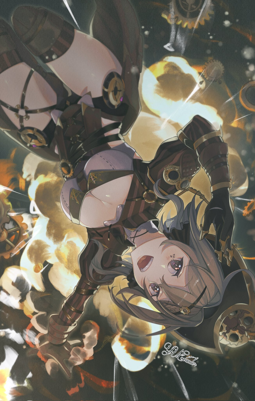 1girl artist_name breasts brown_gloves brown_sleeves brown_thighhighs cleavage english_commentary gears gloves hair_between_eyes hat highres honkai_(series) honkai_impact_3rd large_breasts long_sleeves looking_at_viewer open_hands open_mouth solo steampunk teeth thigh_strap thighhighs thighs upper_teeth_only vill-v yuevander