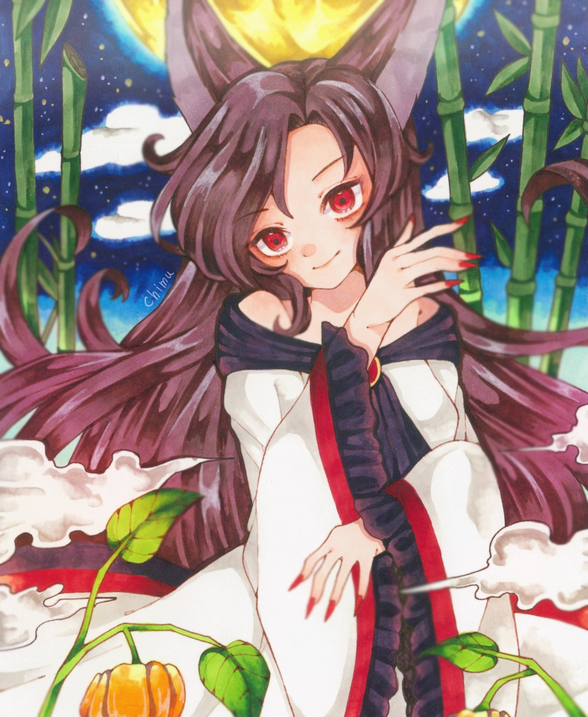 1girl animal_ears bamboo brown_hair closed_mouth collarbone dress fingernails frilled_sleeves frills highres imaizumi_kagerou long_fingernails long_hair long_sleeves miyabiii_oekaki nail_polish off-shoulder_dress off_shoulder red_dress red_eyes red_nails sharp_fingernails signature smile solo touhou traditional_media white_dress wide_sleeves wolf_ears