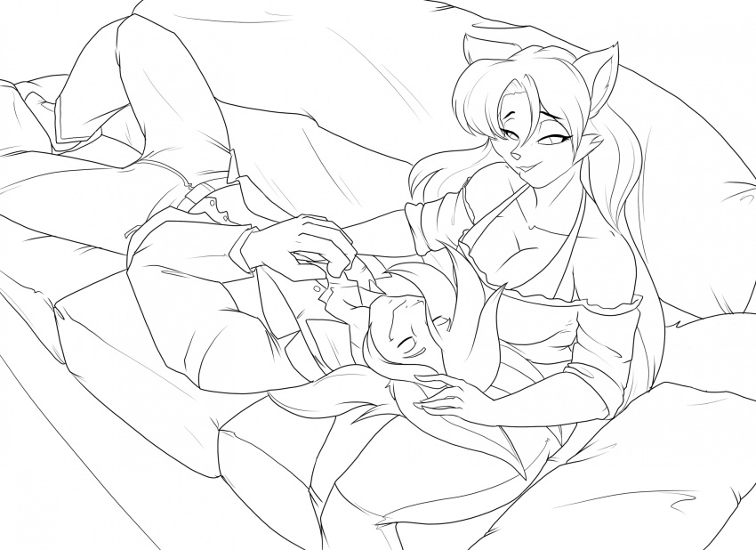 2023 5_fingers ailurid anthro big_breasts black_and_white breasts cleavage clothed clothing dee-j_(kudan7) duo eyes_closed female fingers furniture head_on_lap hi_res lagomorph leporid lying male mammal monochrome on_back on_lap on_sofa rabbit red_panda shirt sitting smile sofa thick_thighs topwear toughset