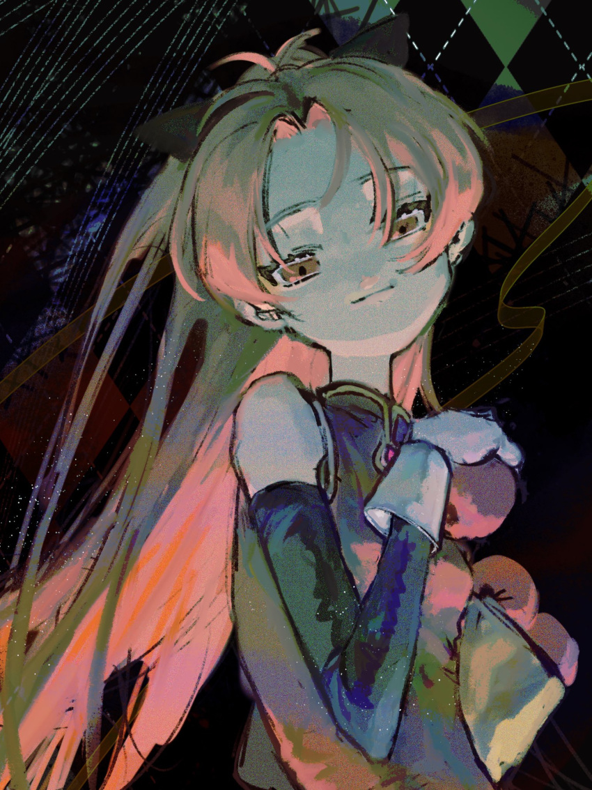 1girl abstract_background apple bag bare_shoulders black_bow black_sleeves bow chest_jewel cleavage_cutout closed_mouth clothing_cutout collared_dress detached_sleeves dress eyelashes food fruit hair_bow highres holding holding_bag holding_food kasang_card long_hair long_sleeves looking_at_viewer magical_girl mahou_shoujo_madoka_magica mahou_shoujo_madoka_magica_(anime) parted_bangs ponytail red_dress red_eyes red_hair sakura_kyoko sleeveless sleeveless_dress smile solo soul_gem upper_body white_arm_warmers
