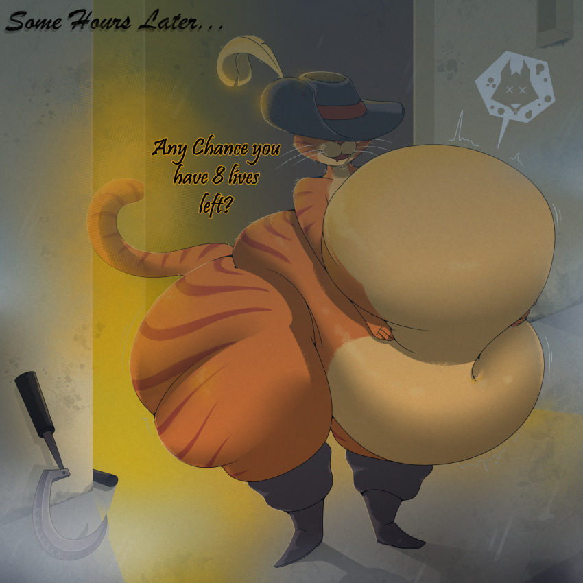 2023 afraart after_vore anthro belly big_belly boots clothing dialogue digested digestion domestic_cat dreamworks fatal_vore felid feline felis footwear fur hand_on_stomach hat hat_feather headgear headwear hi_res hidden_eyes loose_feather male mammal morbidly_obese morbidly_obese_anthro morbidly_obese_male mostly_nude navel obese obese_anthro obese_male open_mouth overweight overweight_anthro overweight_male puss_in_boots_(dreamworks) puss_in_boots_the_last_wish raised_tail sickle solo standing striped_body striped_fur stripes tail text thick_thighs vore whiskers wide_hips