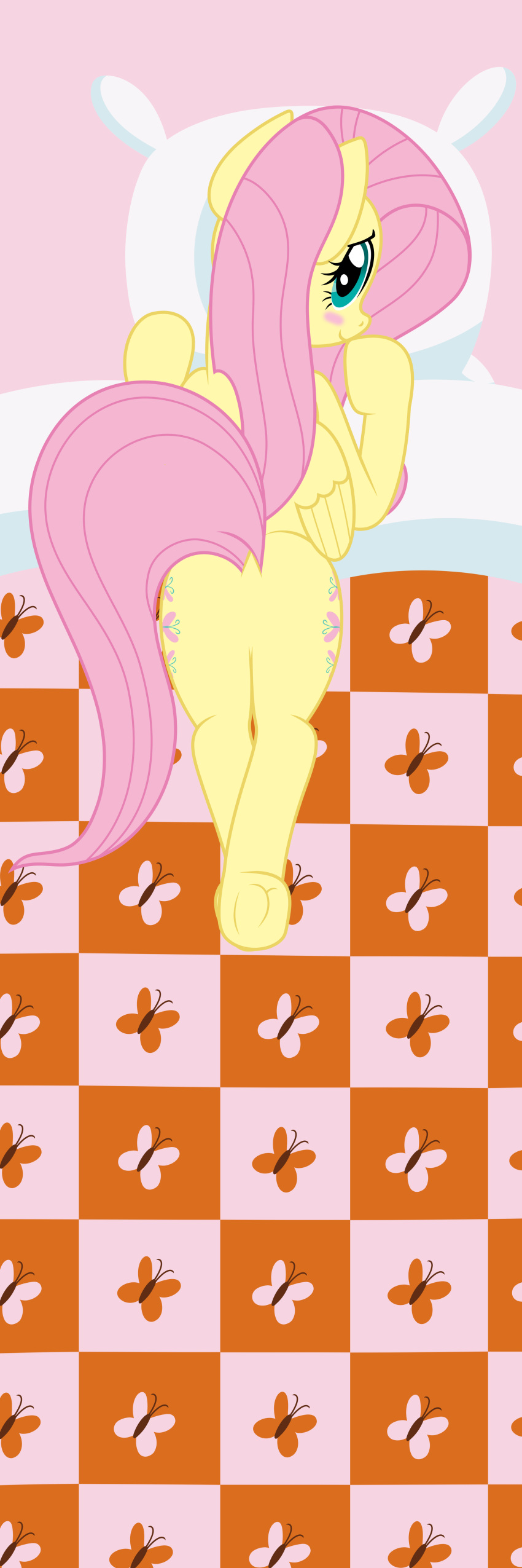 absurd_res asiagosandwich bed blush dakimakura_design equid equine female feral fluttershy_(mlp) friendship_is_magic furniture hair hasbro hi_res hooves horse long_hair lying mammal my_little_pony on_bed on_front pink_hair pony solo underhoof yellow_body
