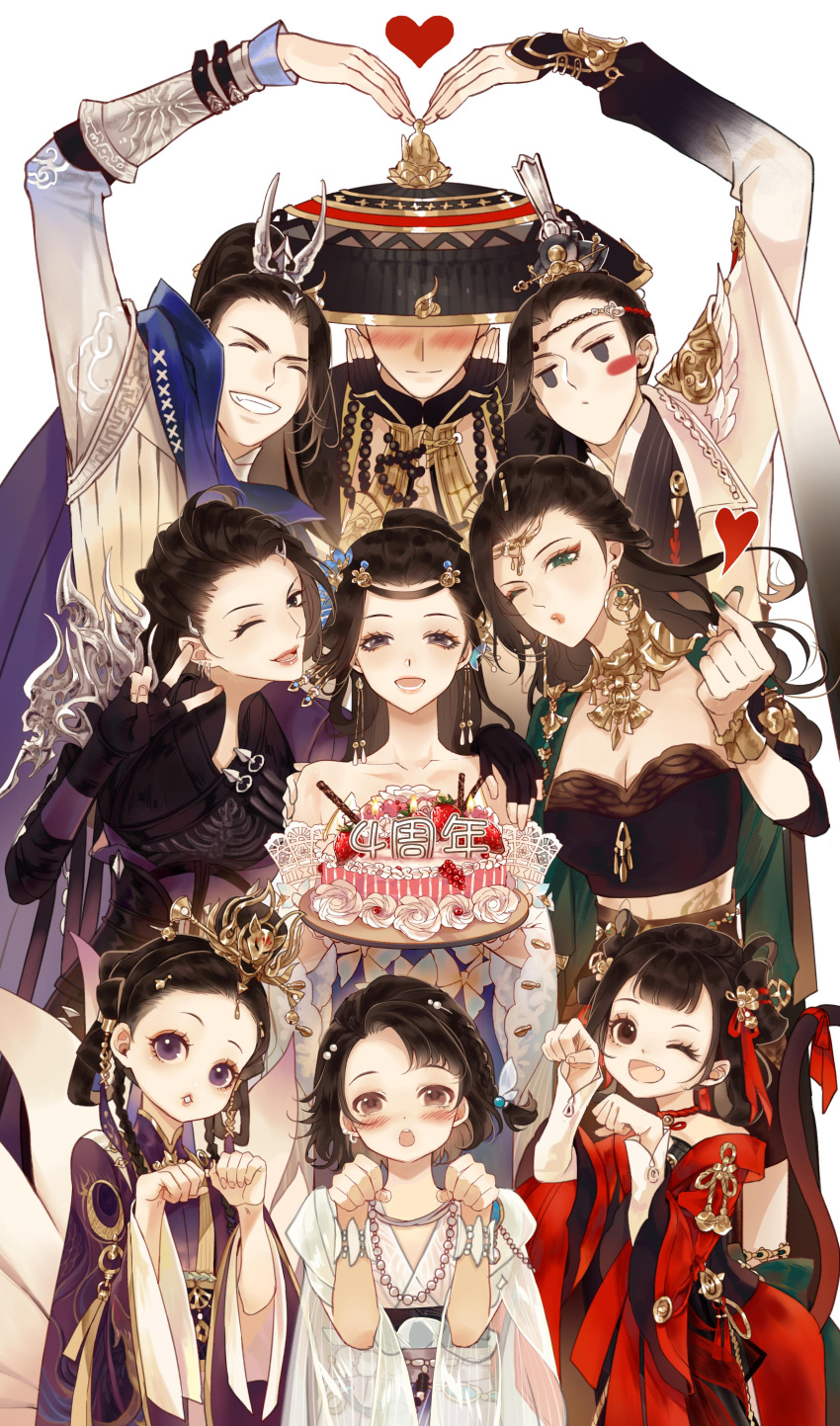 3boys 6+girls :d :o ;d ;o absurdres anniversary arm_up bare_shoulders black_eyes black_hair blush breasts cake cleavage closed_eyes covered_eyes dress earrings finger_heart food green_nails grin hair_ornament hair_rings hand_on_another's_shoulder hands_on_own_cheeks hands_on_own_face hat heart heart_arms_duo highres holding holding_cake holding_food jewelry long_hair multiple_boys multiple_girls necklace one_eye_closed paw_pose pearl_necklace puckered_lips purple_dress red_dress rice_hat short_hair smile v white_background white_dress xialuo_yingling yi_meng_jianghu