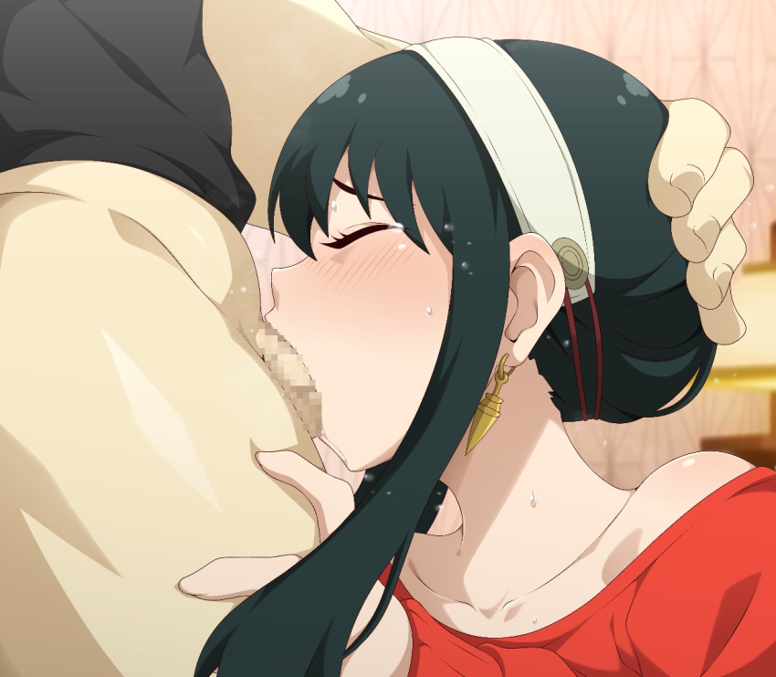 1boy 1girl black_hair black_shirt blush censored closed_eyes deepthroat earrings fellatio hairband hetero jewelry mosaic_censoring oral penis red_sweater shirt spy_x_family sweat sweater tears twilight_(spy_x_family) uroboros_(dhmv3484) white_hairband yor_briar