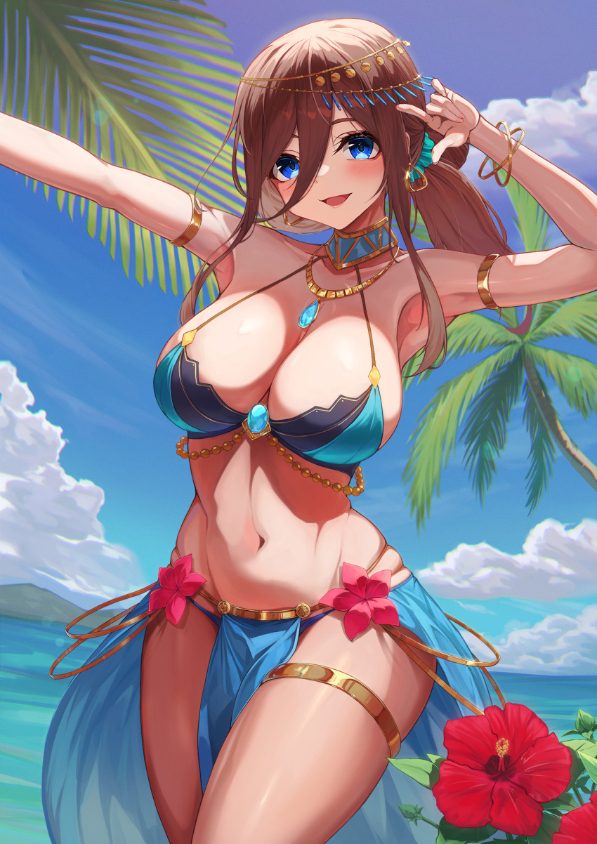 1girl alternate_costume armlet bikini blue_eyes blue_hair blue_sky bracelet breasts circlet cloud dancer day flower go-toubun_no_hanayome gold gold_bracelet harem_outfit hibiscus highres hiyoku jewelry large_breasts long_hair looking_at_viewer nakano_miku navel neck_ring necklace ocean open_mouth outdoors pelvic_curtain ponytail red_flower sky smile solo stomach swimsuit thighlet
