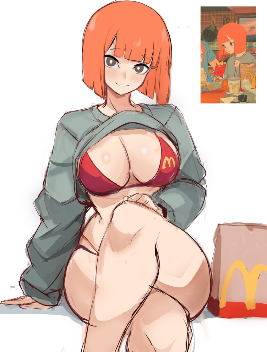 1girl alternate_breast_size bag bare_legs bikini bikini_under_clothes blunt_bangs blunt_ends breasts bright_pupils brown_eyes clothes_lift crossed_legs english_commentary highres large_breasts looking_at_viewer mcdonald's mother_(yoru_mac) orange_hair paper_bag parted_lips rakeemspoon red_bikini reference_inset short_hair sitting sketch smile solo sweater sweater_lift swimsuit white_background white_pupils yoru_mac