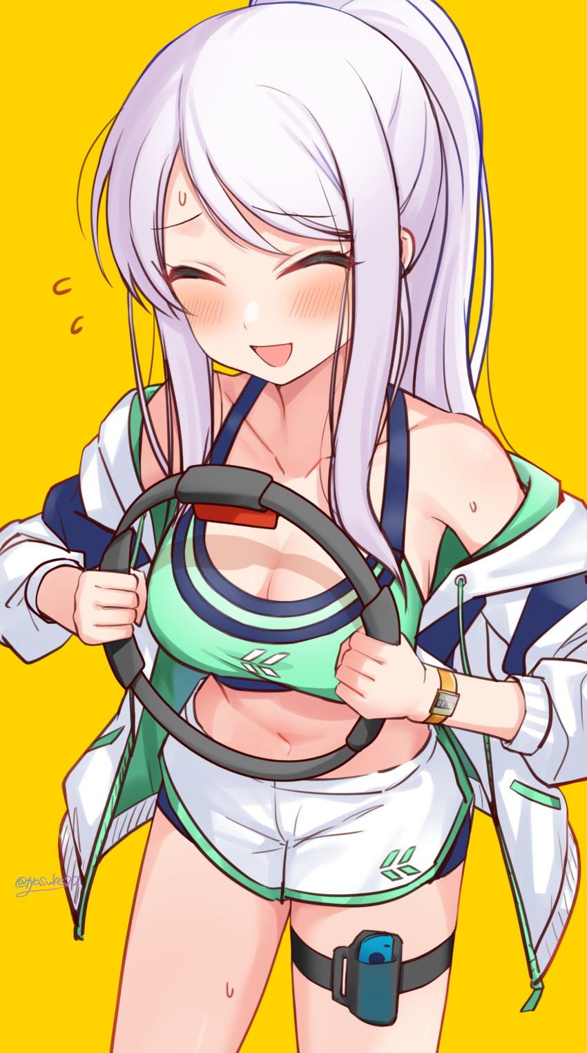 1girl ^_^ absurdres bike_shorts bike_shorts_under_skirt blush breasts chiyosuke_(nosuke21) cleavage closed_eyes collarbone controller dolphin_shorts eve_santaclaus exercise flying_sweatdrops game_controller green_sports_bra grey_hair highres holding holding_controller holding_game_controller idolmaster idolmaster_cinderella_girls jacket jacket_partially_removed large_breasts long_hair navel ponytail ring_fit_adventure short_shorts shorts simple_background smile solo sports_bra sweatdrop thigh_strap track_jacket very_long_hair watch white_shorts wristwatch yellow_background