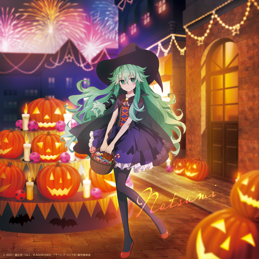 1girl black_pantyhose brick_road brick_wall building candle candy candy_cane character_name date_a_live door dress fireworks food green_eyes green_hair halloween hat high_heels highres natsumi_(date_a_live) night official_art outdoors pantyhose pavement pumpkin purple_dress red_footwear window witch_hat