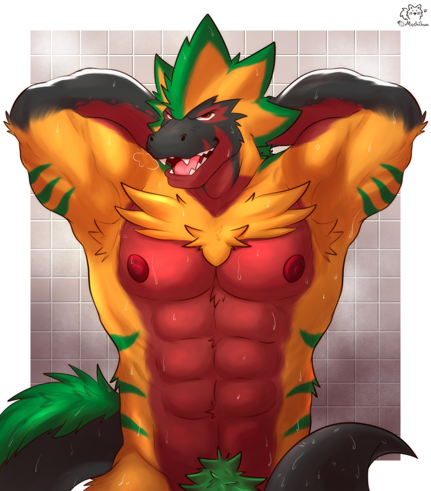 2023 abs absurd_res anthro armpit_tuft bodily_fluids chest_tuft dinosaur dromaeosaurid fur green_body green_fur hands_behind_head hi_res male moshihun muscular muscular_male nipples nude orange_body orange_fur pecs pubes red_body red_fur reptile scalie smile smiling_at_viewer smirk smirking_at_viewer solo striped_body stripes sweat theropod tile tile_wall tuft wall_(structure)