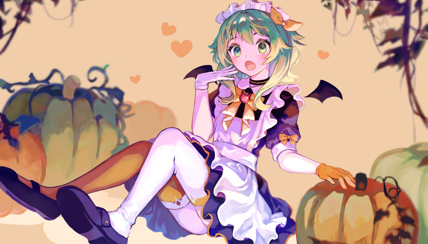 1girl :o alternate_costume apron asymmetrical_gloves asymmetrical_legwear bat_wings beekan black_dress black_footwear blush bow brooch cat_brooch choker dress enmaided gloves green_eyes green_hair gumi hair_ribbon halloween heart highres jewelry looking_at_viewer maid maid_apron maid_headdress mary_janes mismatched_gloves mismatched_legwear open_mouth orange_bow plant pumpkin ribbon shoes short_hair short_sleeves simple_background solo thighhighs vines vocaloid wings