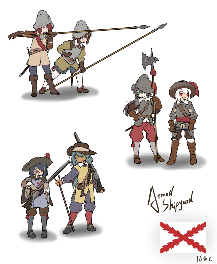 6+girls antique_firearm armedshipyard armor arquebus blue_hair boots gun halberd highres military multiple_girls original pants pike polearm red_pants scabbard sheath spanish_flag sword weapon