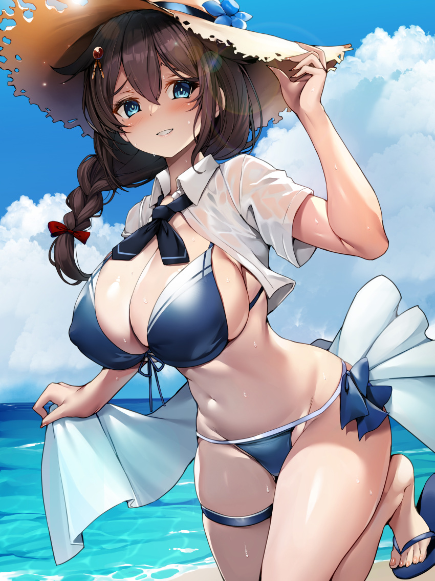 1girl absurdres beach bikini blue_bikini blue_eyes blue_sky braid breasts brown_hair cloud commentary_request cowboy_shot day duplicate feet foot_out_of_frame hair_flaps hair_over_shoulder hat highres horizon kantai_collection large_breasts long_hair looking_at_viewer nail_polish navel ocean outdoors pixel-perfect_duplicate sandals shigure_(kancolle) shigure_kai_san_(kancolle) shirt single_braid sky smile solo stomach sun_hat swimsuit toenail_polish toenails toes torisan wet wet_clothes wet_shirt