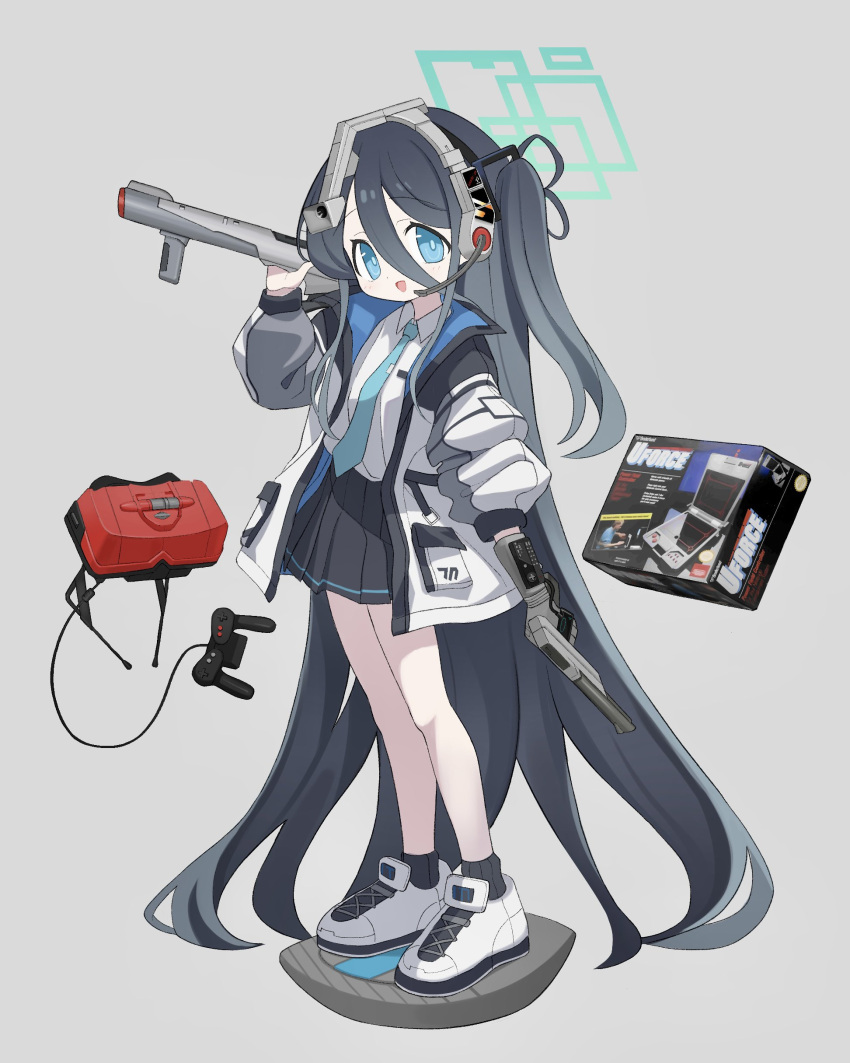 1girl absurdly_long_hair absurdres aris_(blue_archive) atat250 black_hair black_jacket black_skirt black_socks blue_archive blue_eyes blue_jacket blue_necktie box collared_shirt controller full_body game_console game_controller grey_background hair_between_eyes hair_ornament halo hand_up headset highres holding holding_weapon jacket konami light_blush light_gun long_bangs long_hair looking_at_viewer microphone multicolored_clothes multicolored_jacket necktie nintendo one_side_up open_clothes open_jacket open_mouth over_shoulder photo_inset pleated_skirt power_glove_(nintendo) raised_eyebrows shirt shirt_tucked_in shoes sideways_glance simple_background skirt sleeve_rolled_up smile sneakers socks solo standing super_scope very_long_hair virtual_boy weapon weapon_over_shoulder white_jacket white_shirt