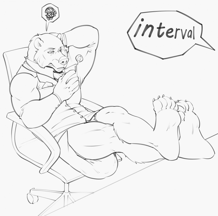 anthro bear brown_bear chair clothed clothing diaper feces furniture grizzly_bear hair hi_res kuruk_(character) male mammal mane mane_hair messy_diaper office_chair partially_clothed phone shirt sitting soiled_diaper soiling solo topwear ursine wearing_diaper yeenyeenmike