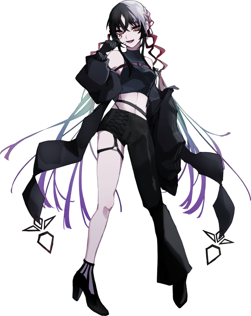 1girl absurdres asymmetrical_pants bass_clef belt black_coat black_gloves black_hair black_shirt blue_hair braid coat crop_top facial_tattoo fuiro full_body gloves gradient_hair hands_up headset high_heels highres long_hair looking_at_viewer midriff multicolored_hair navel o-ring o-ring_thigh_strap off_shoulder official_art open_mouth orihara_(ewkkyorhr) purple_hair red_eyes red_hair ringed_eyes shirt single_bare_leg sleeveless sleeveless_shirt smile solo standing tattoo thigh_strap third-party_source transparent_background triangle_ring very_long_hair vocaloid white_hair